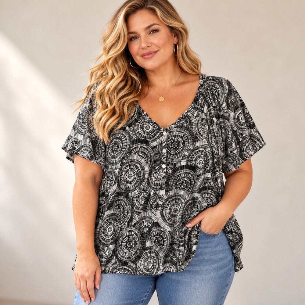 Croft & Barrow Blouse Women’s 2x Black White Scoop Neck Short Sleeve Knit